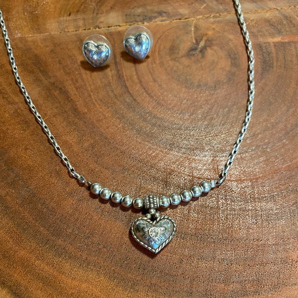 BRIGHTON silver heart charm bar necklace and earrings set
